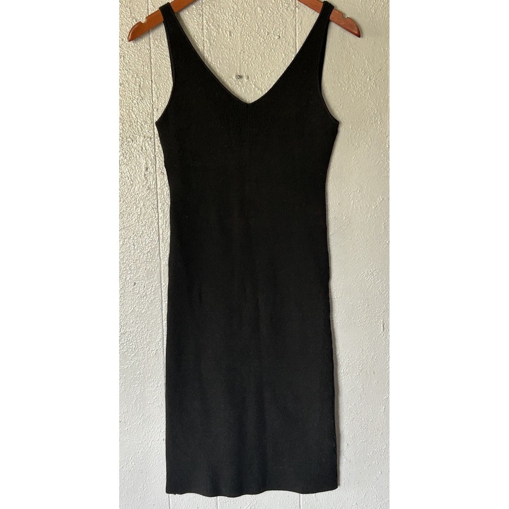 Women's Bluivy Black Ribbed Midi Tank Dress Size L Stretch V Neck Casual